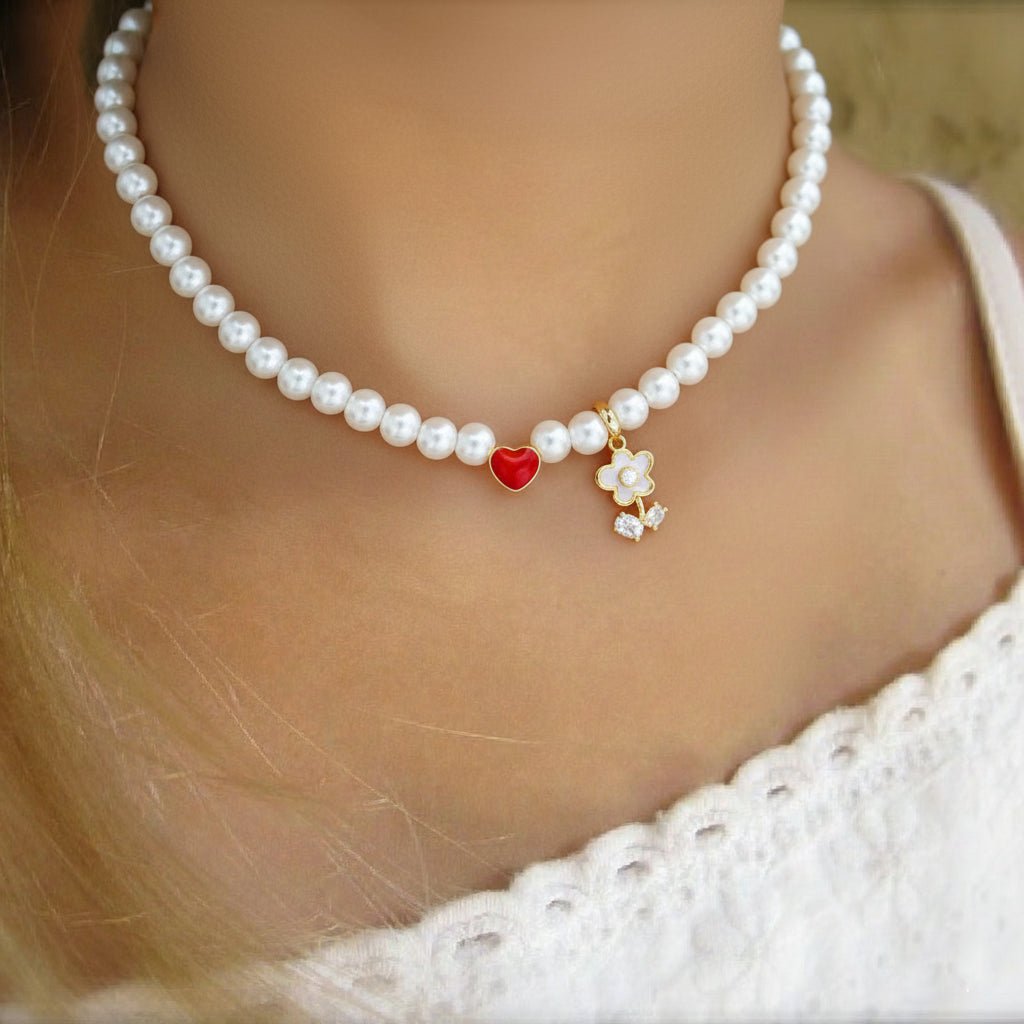 Personalized Name Girl's Heart Flower Charm Pearl Necklace - Glaxias