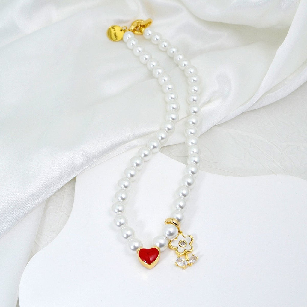 Personalized Name Girl's Heart Flower Charm Pearl Necklace - Glaxias