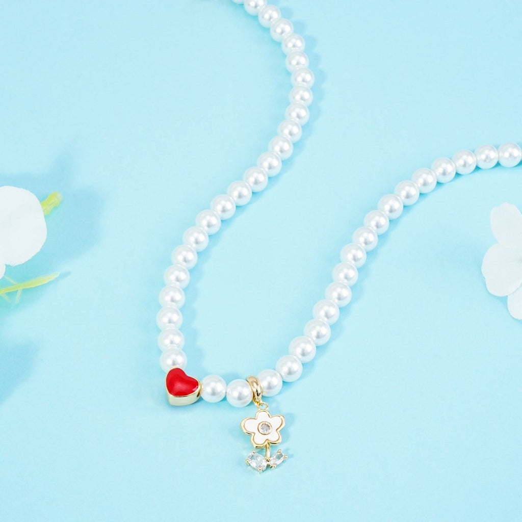 Personalized Name Girl's Heart Flower Charm Pearl Necklace - Glaxias