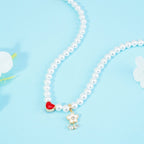 Personalized Name Girl's Heart Flower Charm Pearl Necklace - Glaxias