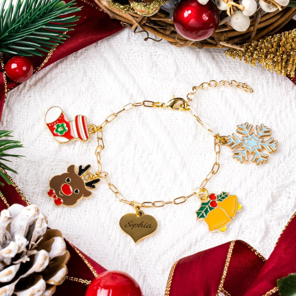 Personalized Name Heart Christmas Charm Children's Bracelet - Glaxias