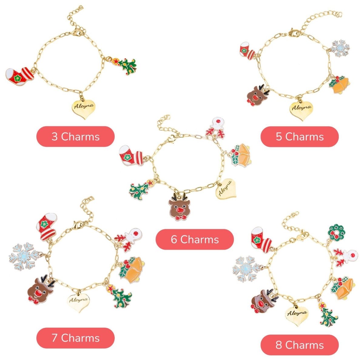 Personalized Name Heart Christmas Charm Children's Bracelet - Glaxias