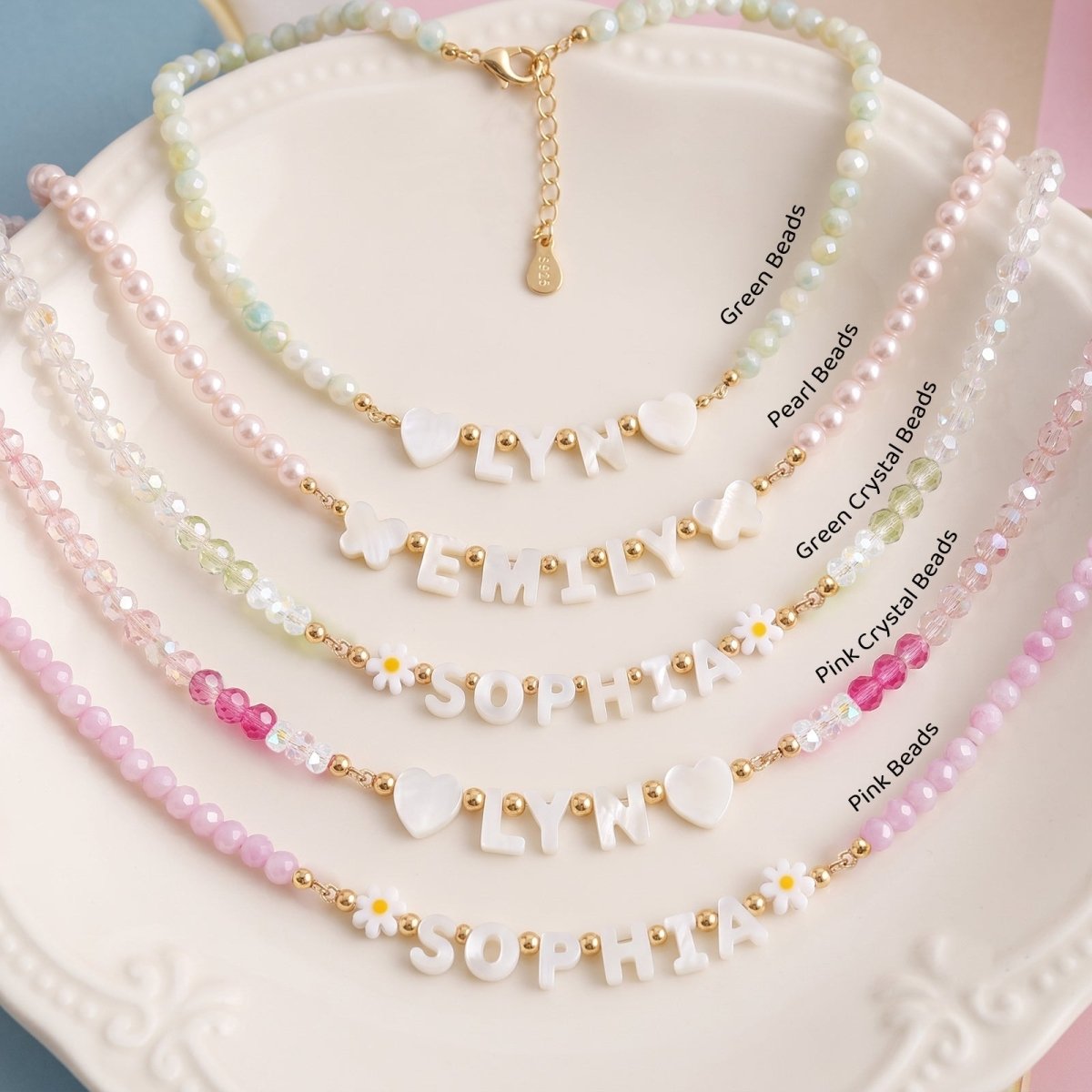 Personalized Name Necklace with Mother of Pearl Letter Beads for Girls - Glaxias
