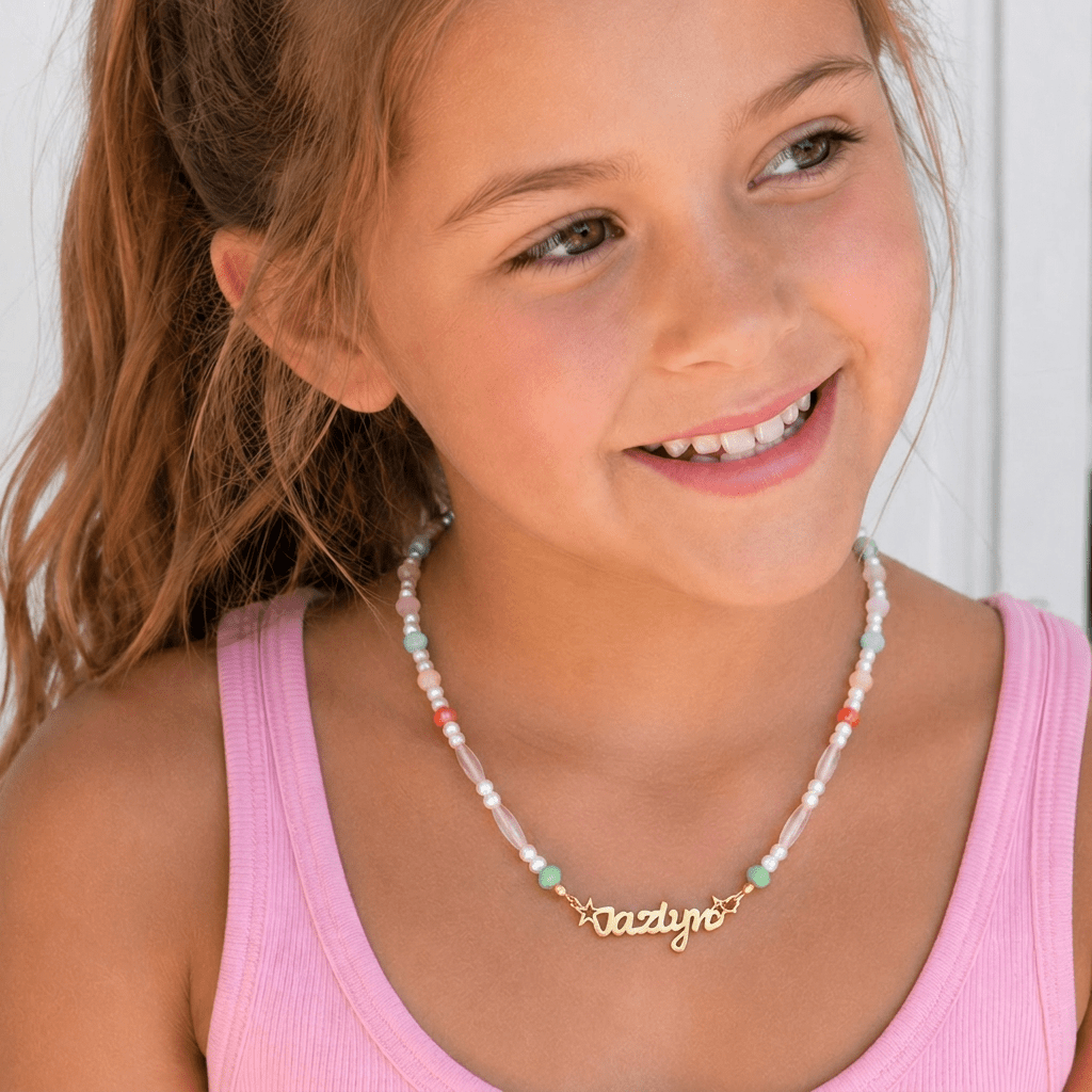 Personalized Pastel Mix Bead Pearl Name Necklace for Little Girls - Glaxias