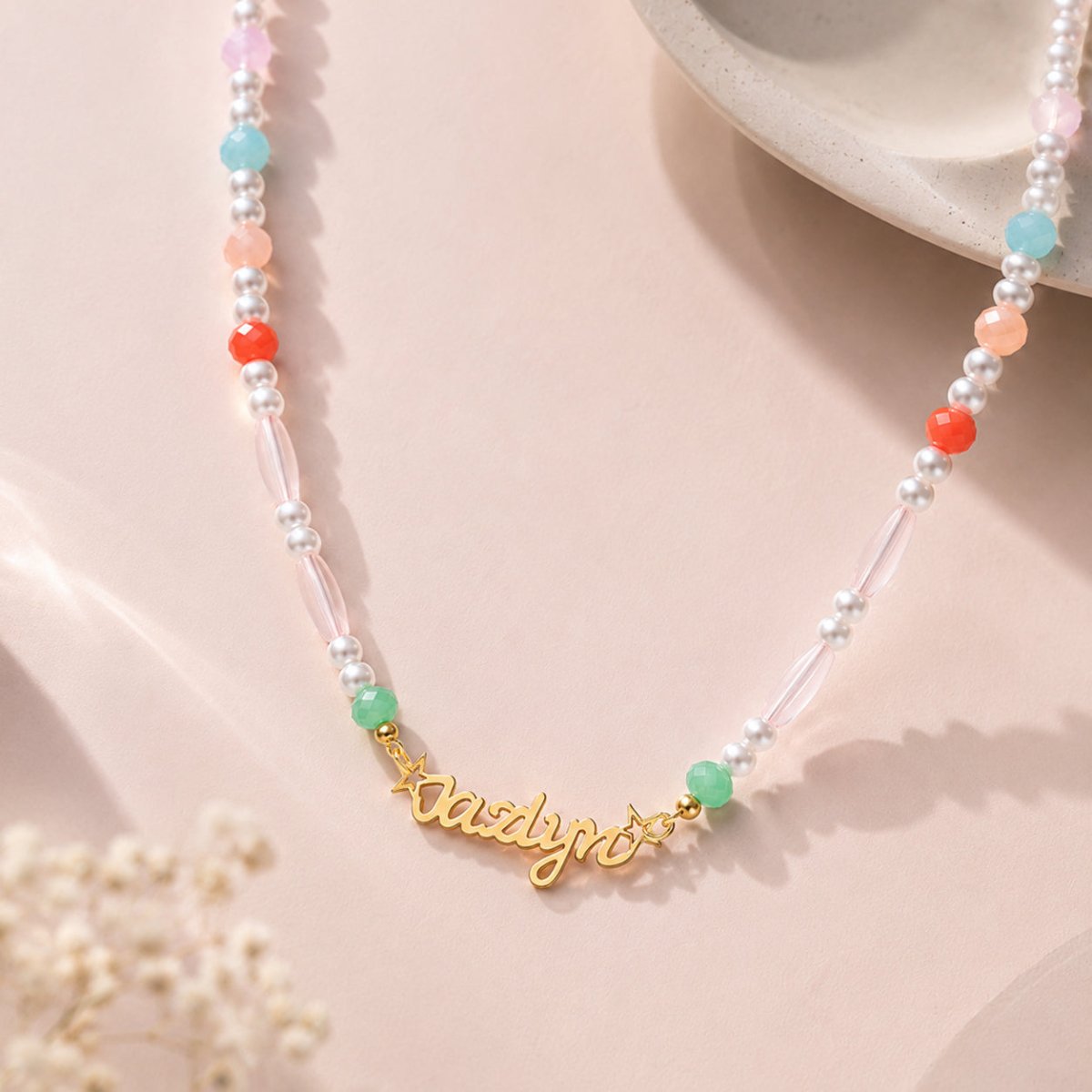 Personalized Pastel Mix Bead Pearl Name Necklace for Little Girls - Glaxias