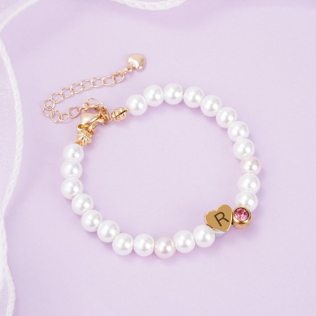 Personalized Pearl Bracelet for Girls with Birthstone and Initial Charm - Glaxias