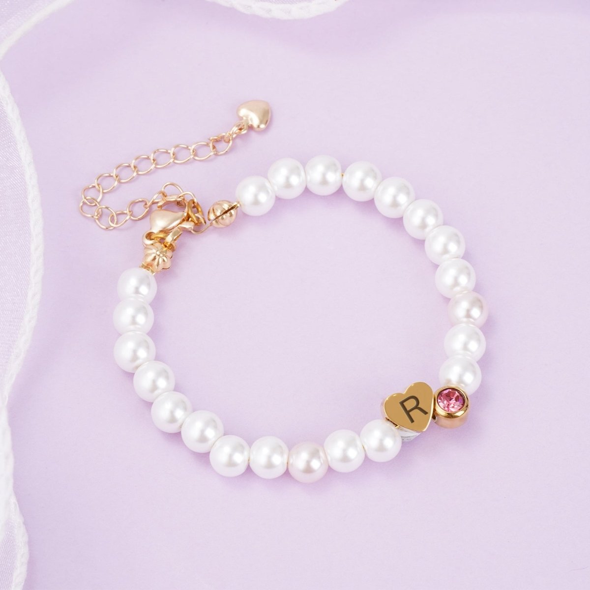 Personalized Pearl Bracelet for Girls with Birthstone and Initial Charm - Glaxias