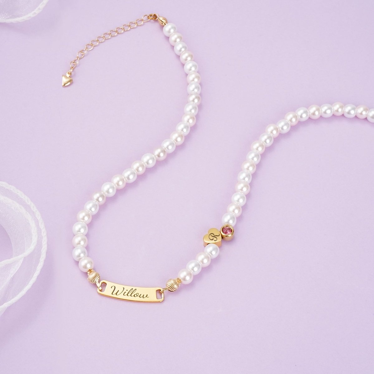 Personalized Pearl Necklace for Girls - Name, Initial, Birthstone - Glaxias