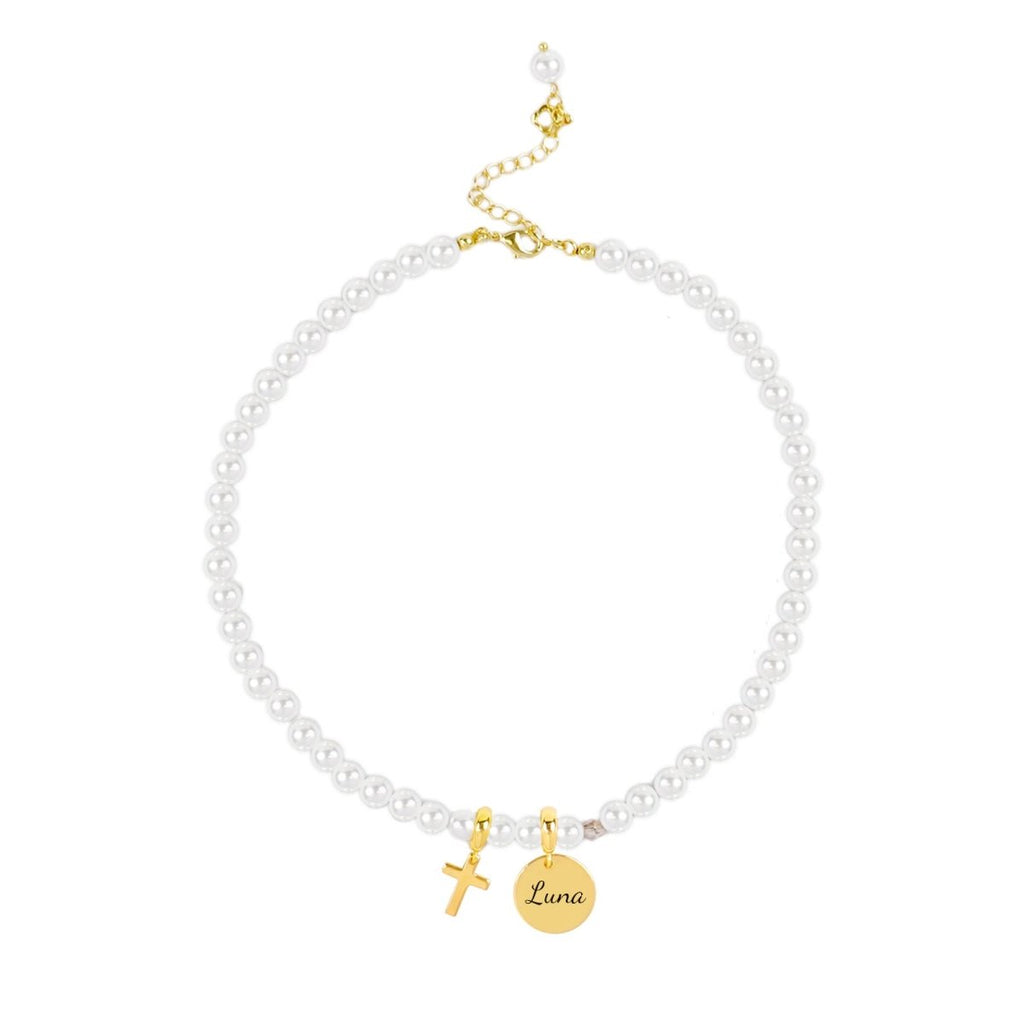 Personalized Pet Name Cross and Pearl Necklace - Glaxias