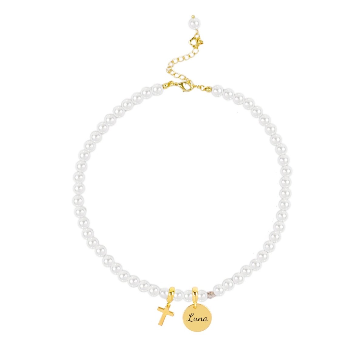 Personalized Pet Name Cross and Pearl Necklace - Glaxias