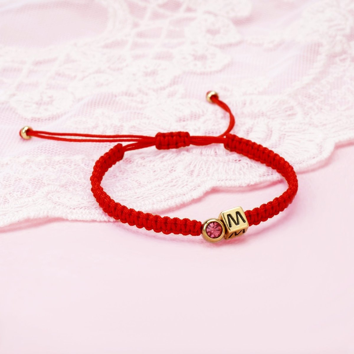 Personalized Red Cord Baby Initial & Birthstone Bracelet - Glaxias