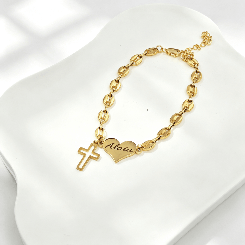 Pig Nose Chain Engravable Heart and Cross Charm Bracelet for Girls - Glaxias