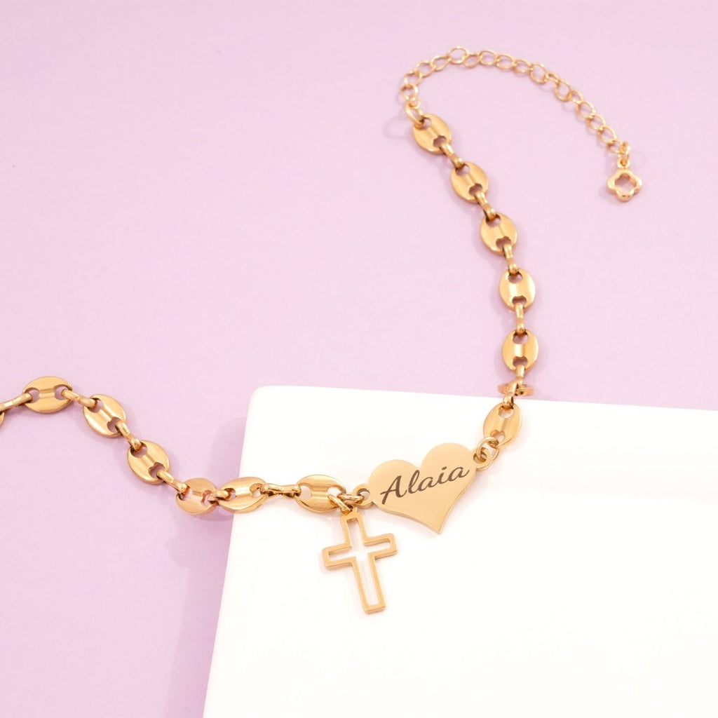 Pig Nose Chain Engravable Heart and Cross Charm Bracelet for Girls - Glaxias