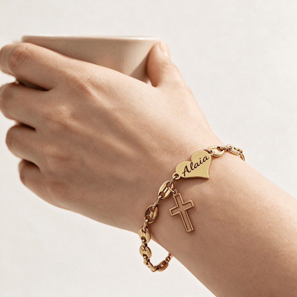 Pig Nose Chain Engravable Heart and Cross Charm Bracelet for Girls - Glaxias