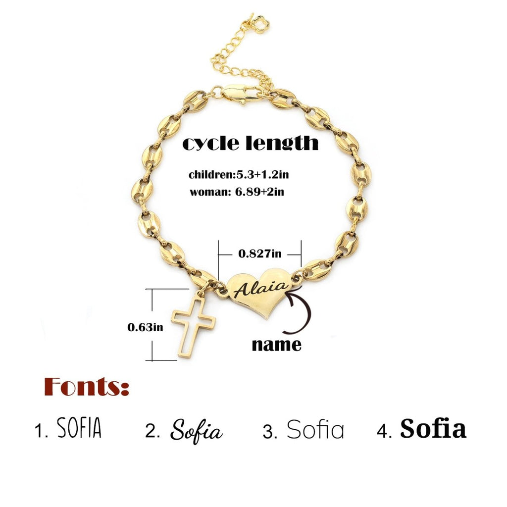 Pig Nose Chain Engravable Heart and Cross Charm Bracelet for Girls - Glaxias