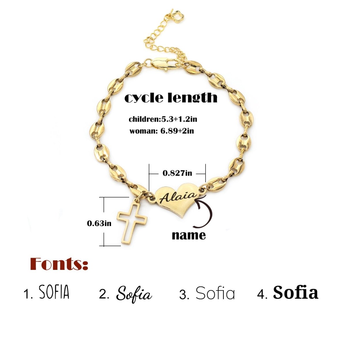 Pig Nose Chain Engravable Heart and Cross Charm Bracelet for Girls - Glaxias