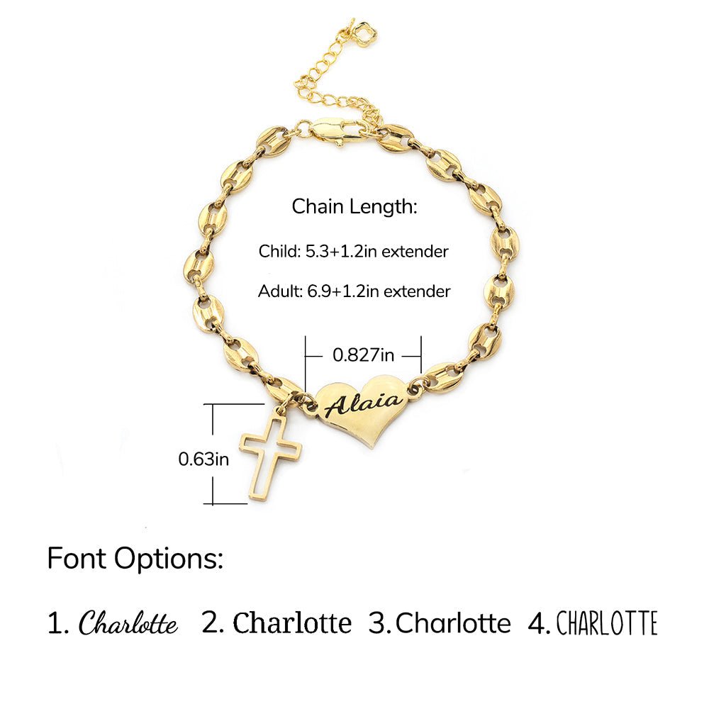 Pig Nose Chain Engravable Heart and Cross Charm Bracelet for Girls - Glaxias