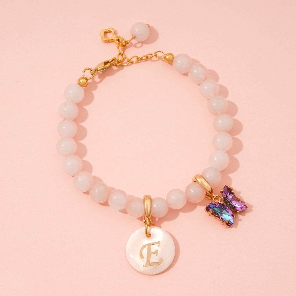Pink Rose Girls Initial and Birthstone Gemstone Bracelet - Glaxias