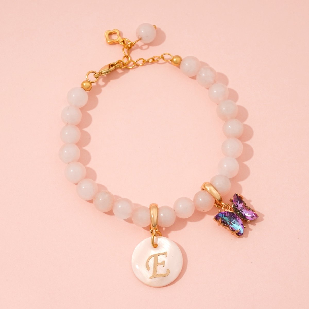 Pink Rose Girls Initial and Birthstone Gemstone Bracelet - Glaxias