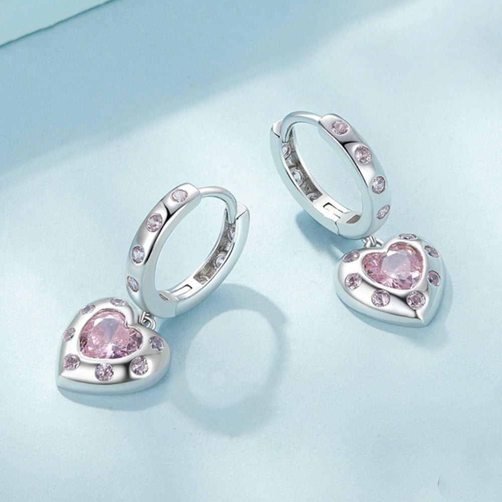 Pink Zirconia Heart Dangle Girls Hoops - Glaxias