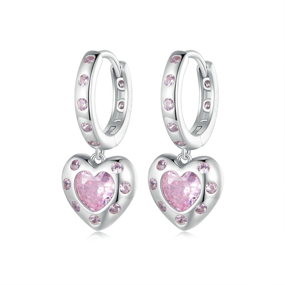 Pink Zirconia Heart Dangle Girls Hoops - Glaxias