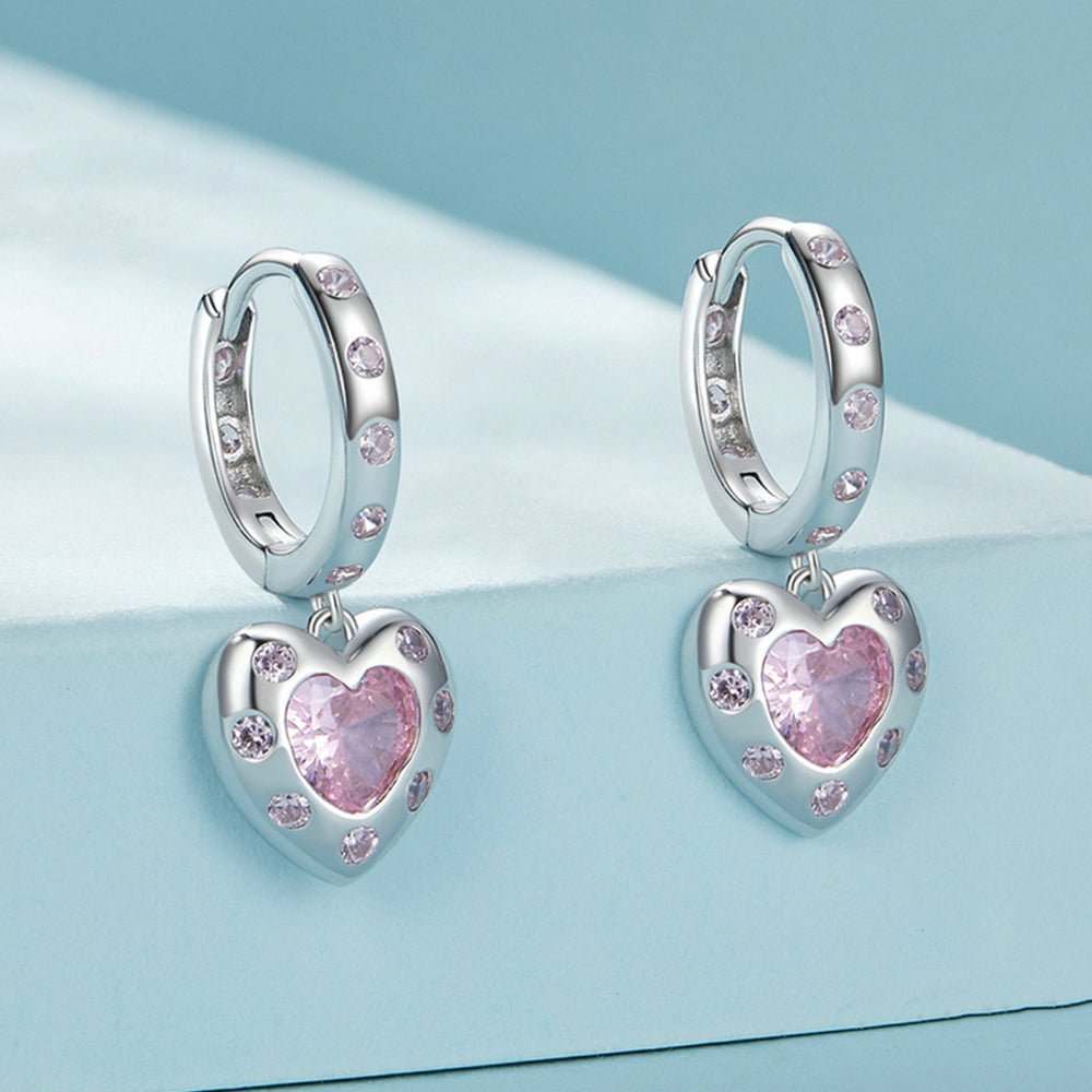 Pink Zirconia Heart Dangle Girls Hoops - Glaxias