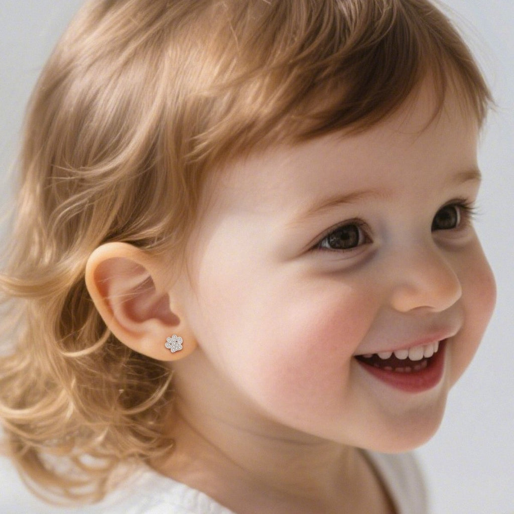 Sparkling Paw Print CZ Kids Stud Earrings - Glaxias