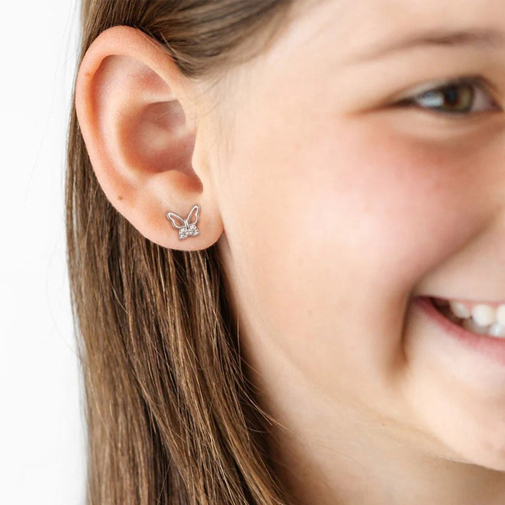 Sterling Silver Butterfly CZ Kids Stud Earrings - Glaxias