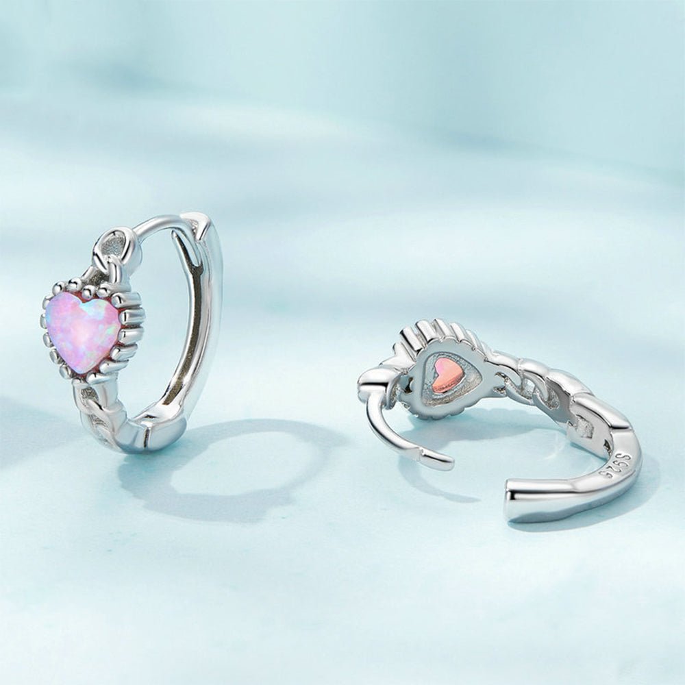 Sterling Silver Opal Heart Girls Earrings - Glaxias