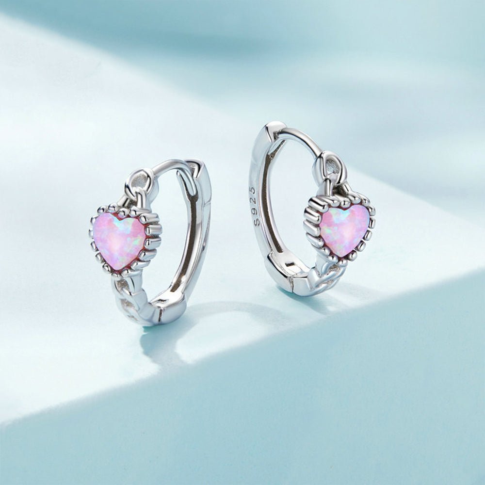 Sterling Silver Opal Heart Girls Earrings - Glaxias