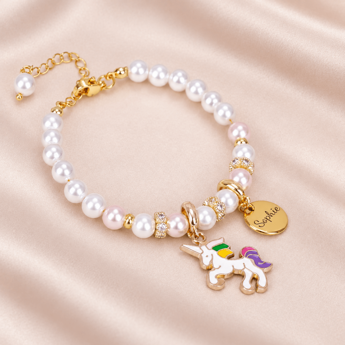 Unicorn Personalized Children's Name Pearl Bracelet - Glaxias