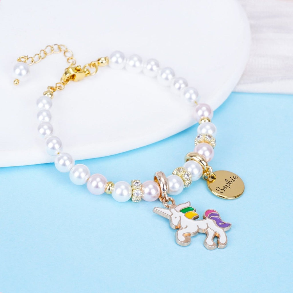 Unicorn Personalized Children's Name Pearl Bracelet - Glaxias