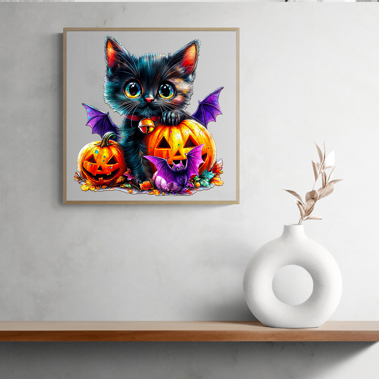 Puzzle incantevole di Halloween: adorabile gatto nero con zucche e pipistrelli 66ea9015726d7